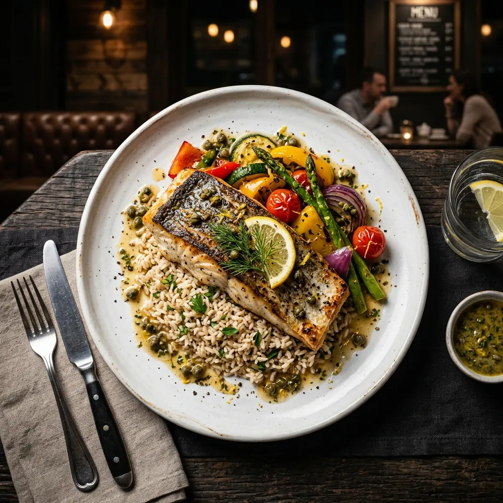 Pan-seared regional barramundi fillet w/ capers
