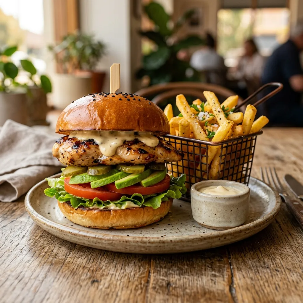 Gourmet marinated grilled chicken burger w/ fries