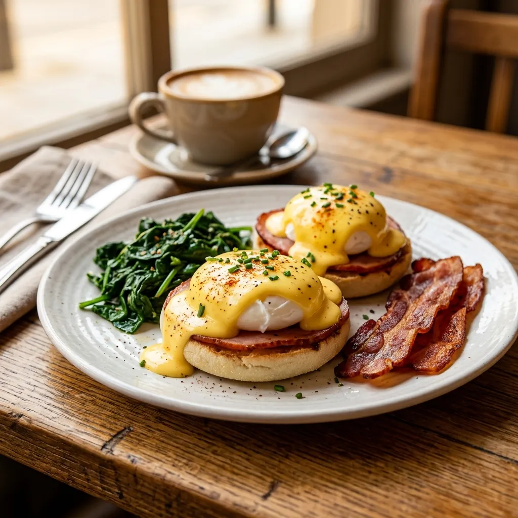 Classic poached eggs benedict on sourdough toast