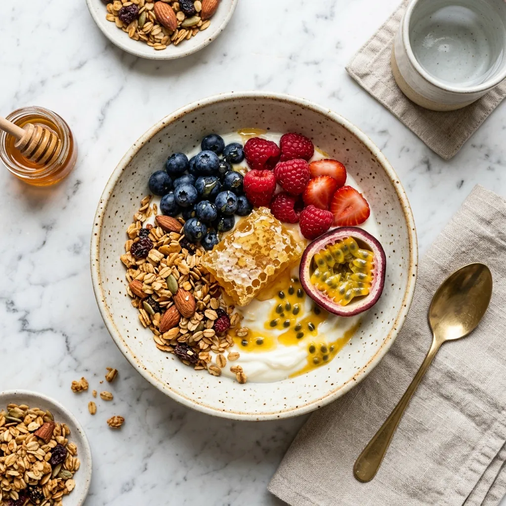 Healthy granola bowl topped w/ vanilla cream & honey
