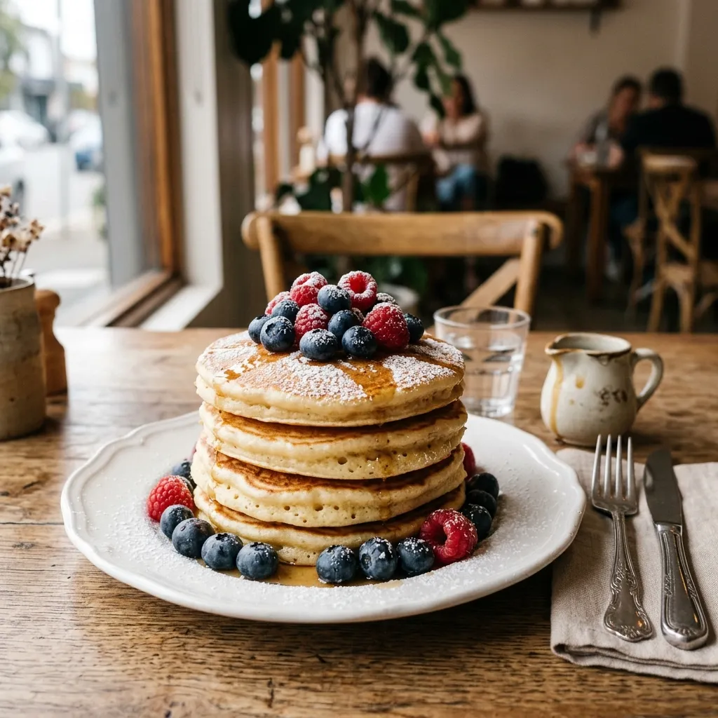 Stacked buttermilk pancakes w/ seasonal fresh berries